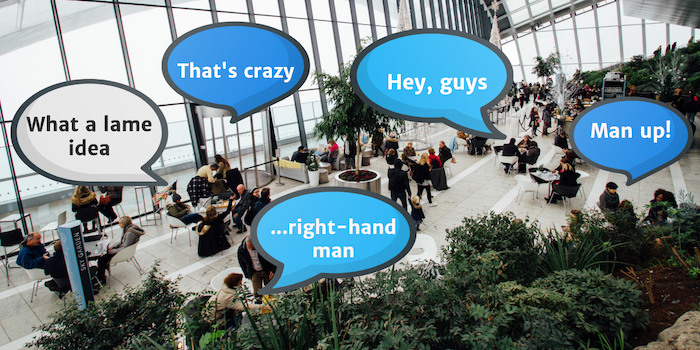 photo of people in indoor area with thought bubbles reading what a lame idea, that's crazy, hey guys, man up, and right-hand man