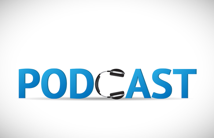Illustration of the word Podcast with headphones isolated on a white background.