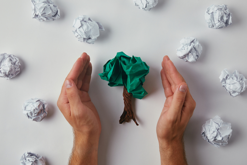 hands surrounding tree made of crumpled paper