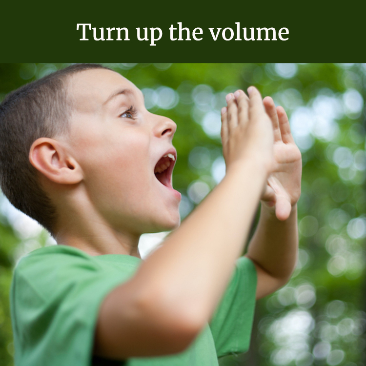 boy shouting in forest, with words "Turn up the volume"