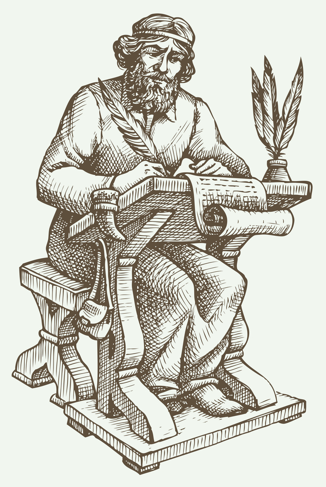 Drawing of ancient scribe working at a desk
