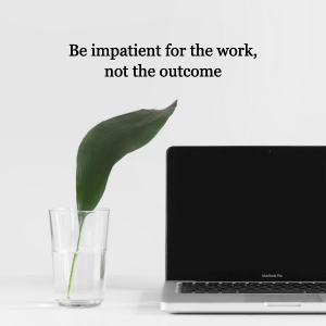 laptop with plant in glass, and words "Be impatient for the work, not the outcome." 