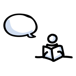 Stick figure drawing of person reading, with blank speech bubble
