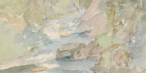 watercolor image of a mountain river