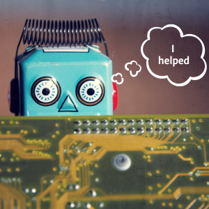 toy robot hiding behind circuit board, thinking "I helped"