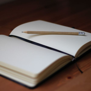 open journal and pen on wood table